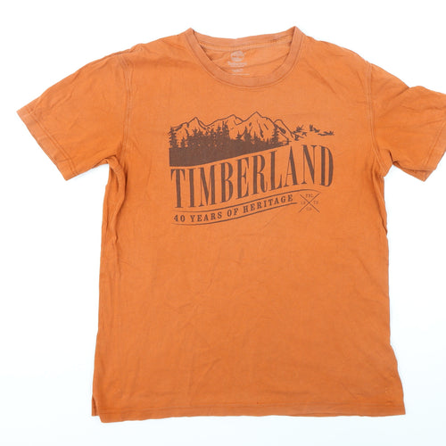 Timberland Mens Orange Herringbone Cotton T-Shirt Size M Round Neck