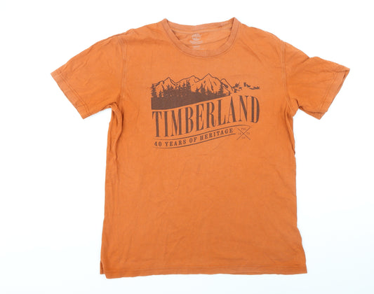 Timberland Mens Orange Herringbone Cotton T-Shirt Size M Round Neck