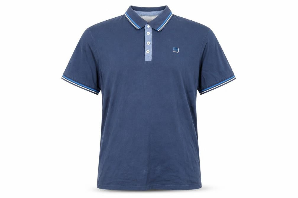 Front view of Smith & Jones men’s blue cotton polo, size XL, collared button