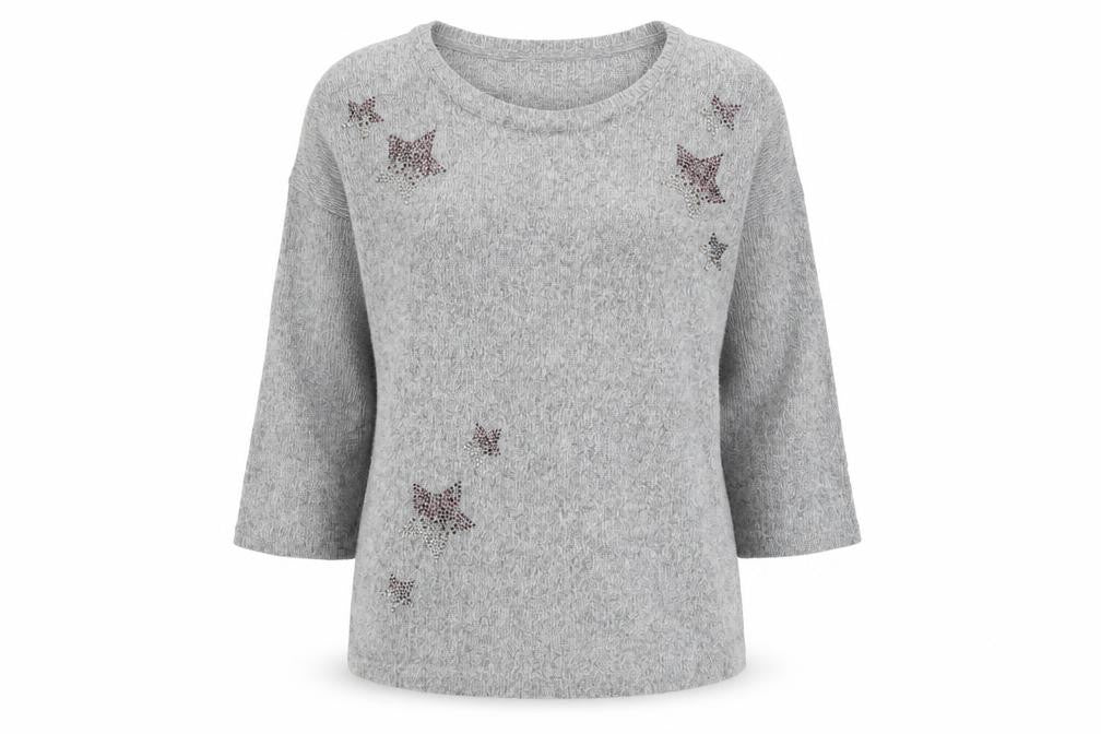 Front view of khost women’s grey scoop neck polyester jumper, size UK 14, - gemstone star detail