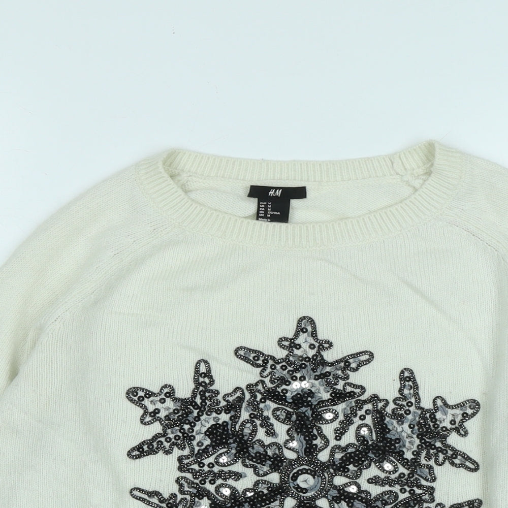 H&M Womens Ivory Crew Neck Acrylic Pullover Jumper Size M - Sequin star detail to front