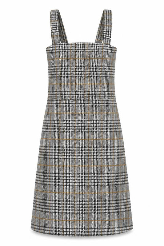 Front view of Quiz women’s multicoloured check polyester pinafore/dungaree dress, size UK 6, square neck