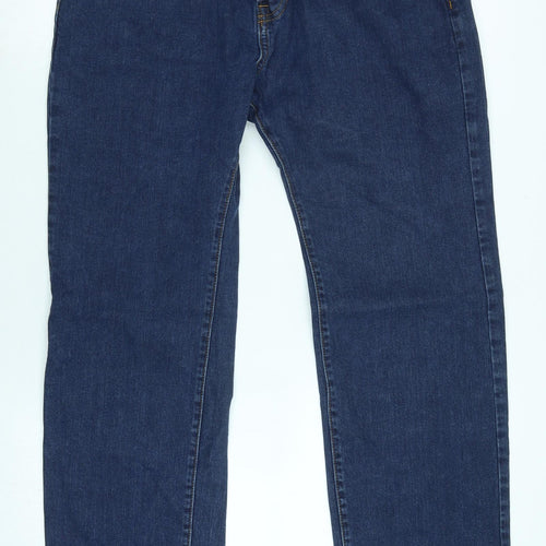 Marks and Spencer Mens Blue Cotton Blend Straight Jeans Size 32 in L33 in Regular Zip