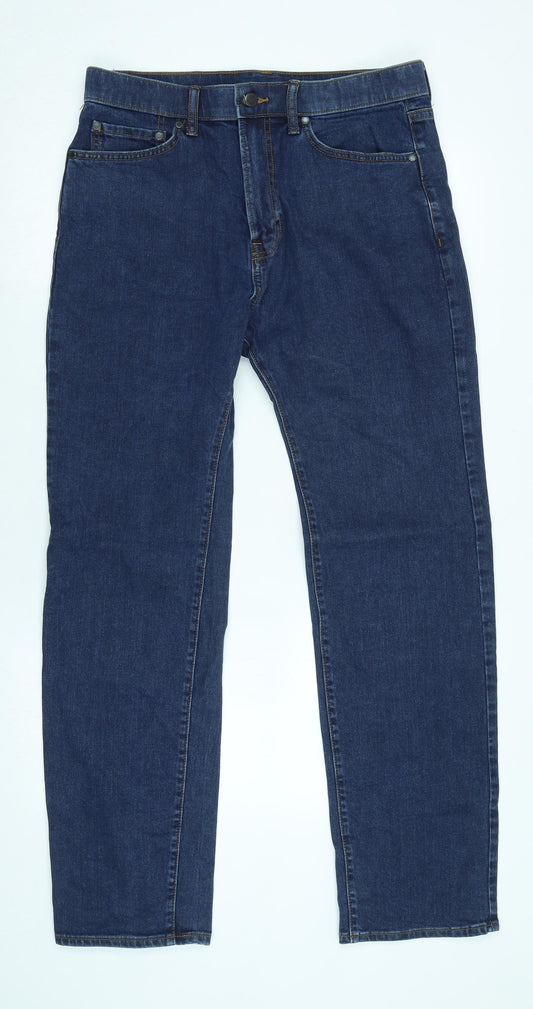 Marks and Spencer Mens Blue Cotton Blend Straight Jeans Size 32 in L33 in Regular Zip