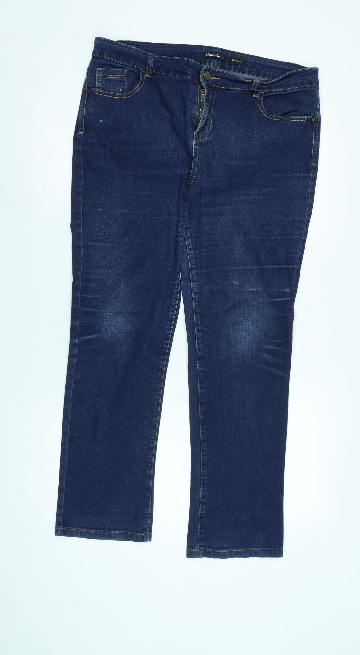 TU Womens Blue Cotton Blend Straight Jeans Size 14 L28 in Regular Zip