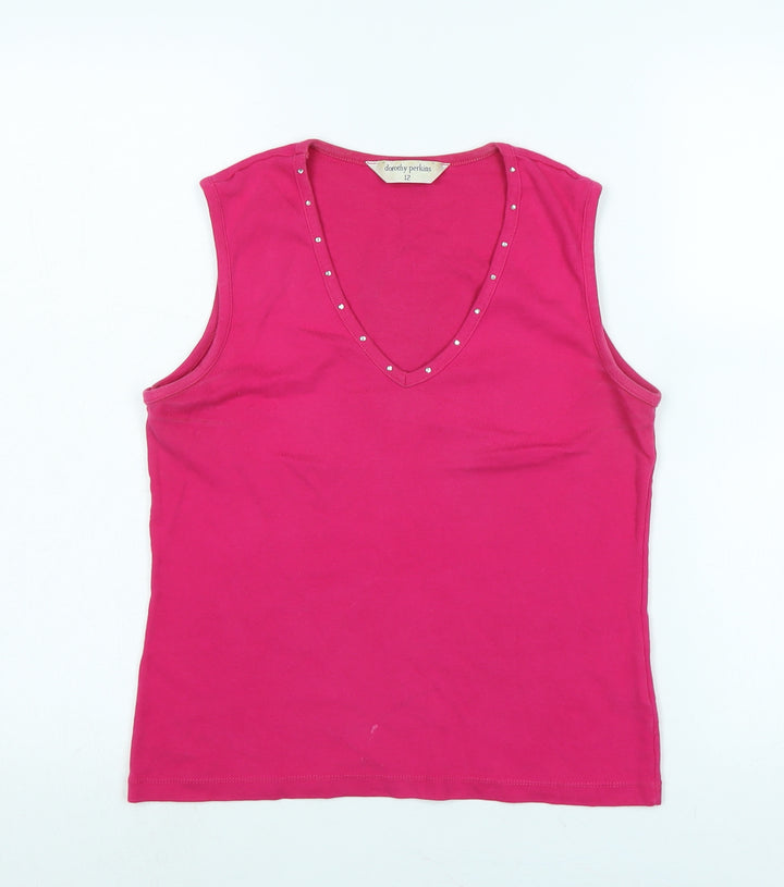 Dorothy Perkins Womens Purple Cotton Basic Tank Size 12 V-Neck - Faux gemstones detail .