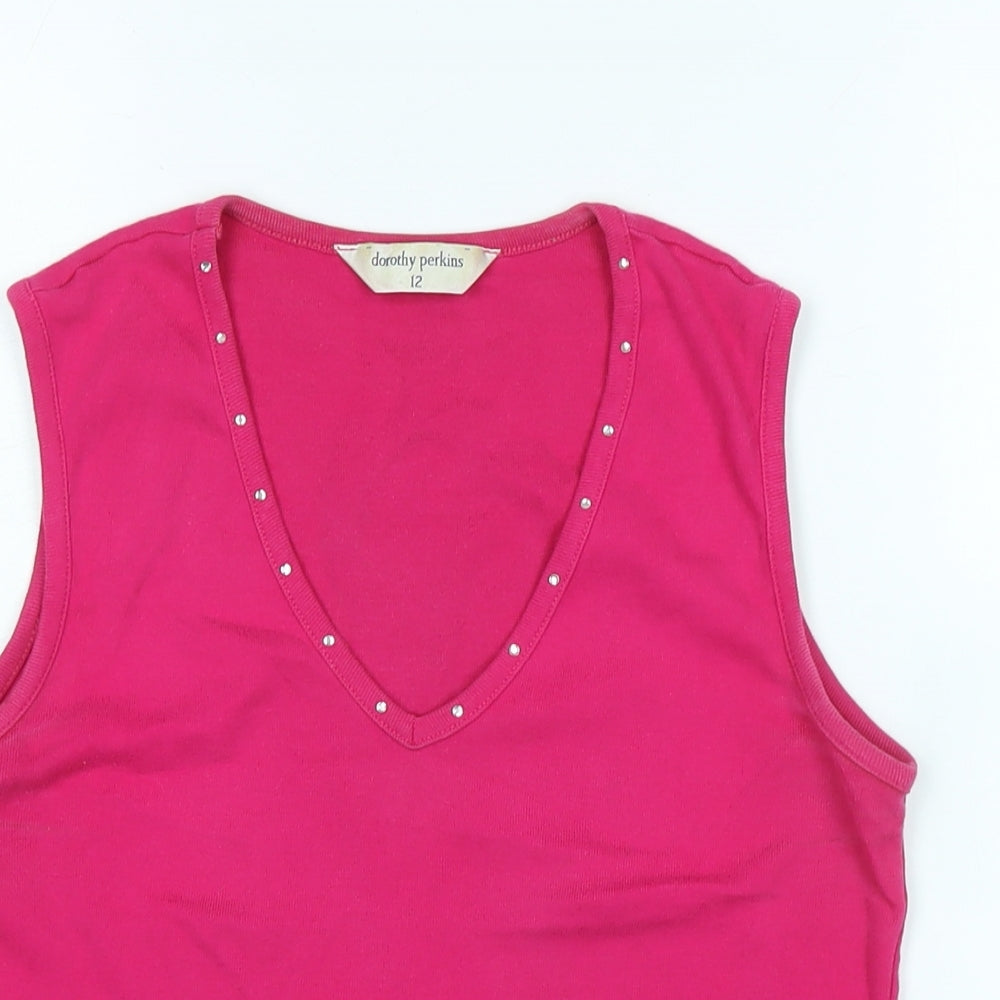 Dorothy Perkins Womens Purple Cotton Basic Tank Size 12 V-Neck - Faux gemstones detail .