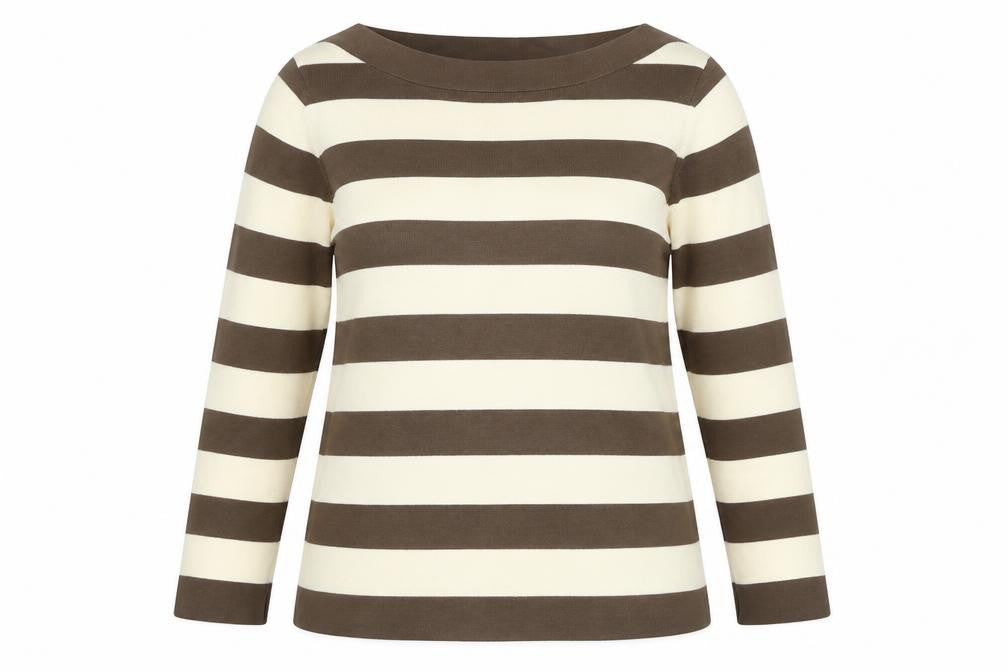 Front view of Marks & Spencer women’s brown boat neck viscose jumper, size UK 14