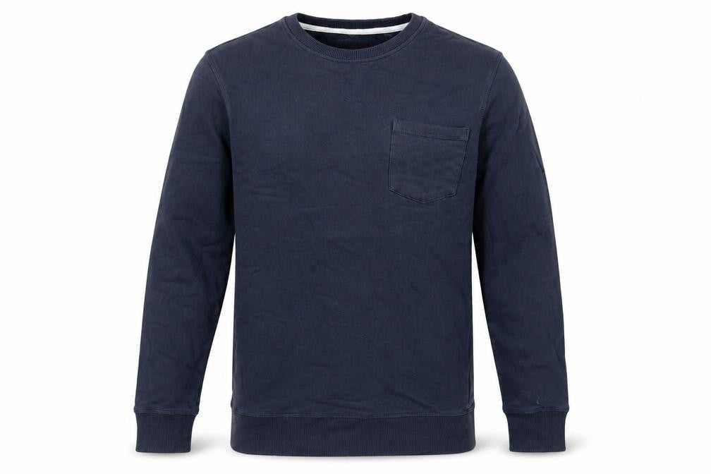 Front view of Fabric men’s blue cotton pullover sweatshirt, size S, - pocket detail