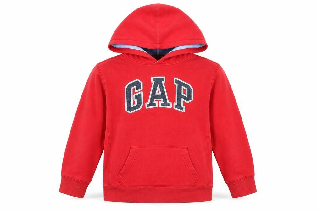 Front view of Gap girls’ red cotton pullover hoodie, size L, pullover - logo pockets