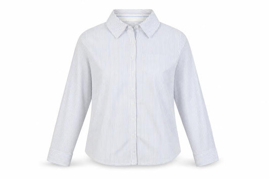 Front view of Urban Basics women’s white striped cotton basic button-up, size UK 8, collared