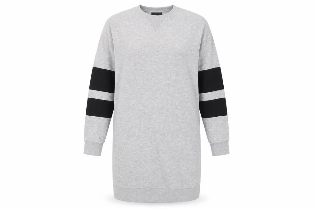 Front view of Topshop women’s grey cotton jumper dress, size UK 8, crew neck pullover