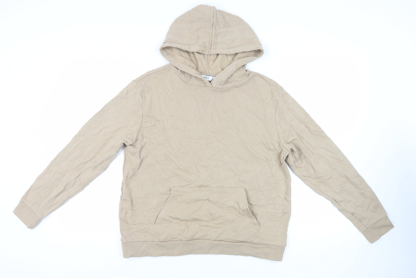Marks and Spencer Mens Beige Cotton Pullover Hoodie Size M - Pockets
