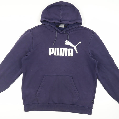 PUMA Mens Blue Cotton Pullover Hoodie Size L - Logo Pockets