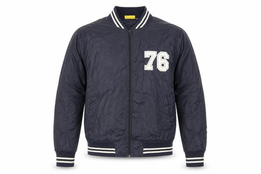 Front view of Slam Dunk men’s blue varsity jacket jacket, size M, zip