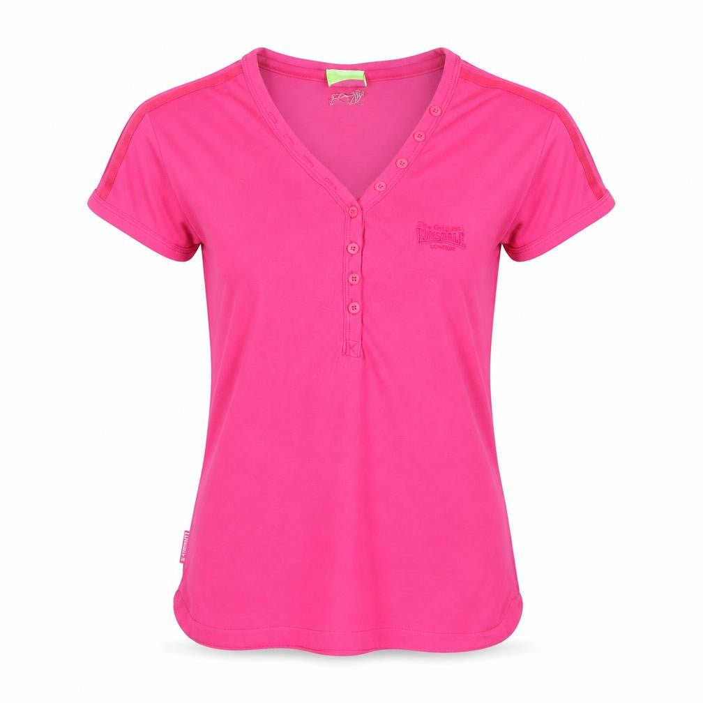 Front view of Lonsdale women’s pink polyester basic t-shirt, size UK 12, v-neck - logo