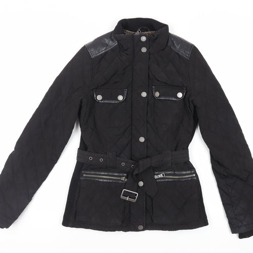 NEXT Womens Black Quilted Jacket Size 8 Zip - Belted