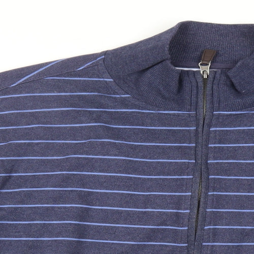 Marks and Spencer Mens Blue Striped Cotton Full Zip Sweatshirt Size L - Pockets