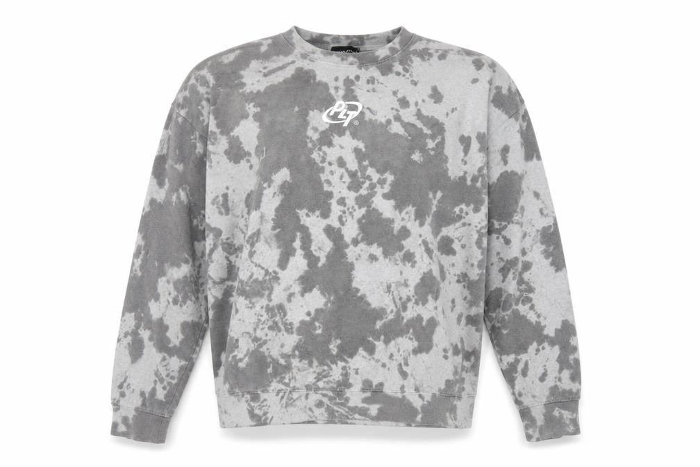 Front view of PRETTYLITTLETHING women’s grey camouflage polyester pullover sweatshirt, size L, pullover - logo