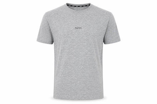 Front view of boohooMAN men’s grey polyester t-shirt, size S, crew neck - logo
