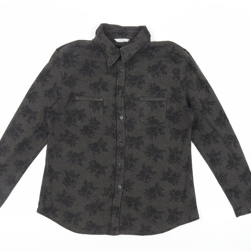 Marks and Spencer Womens Green Floral Cotton Basic Button-Up Size 14 Collared