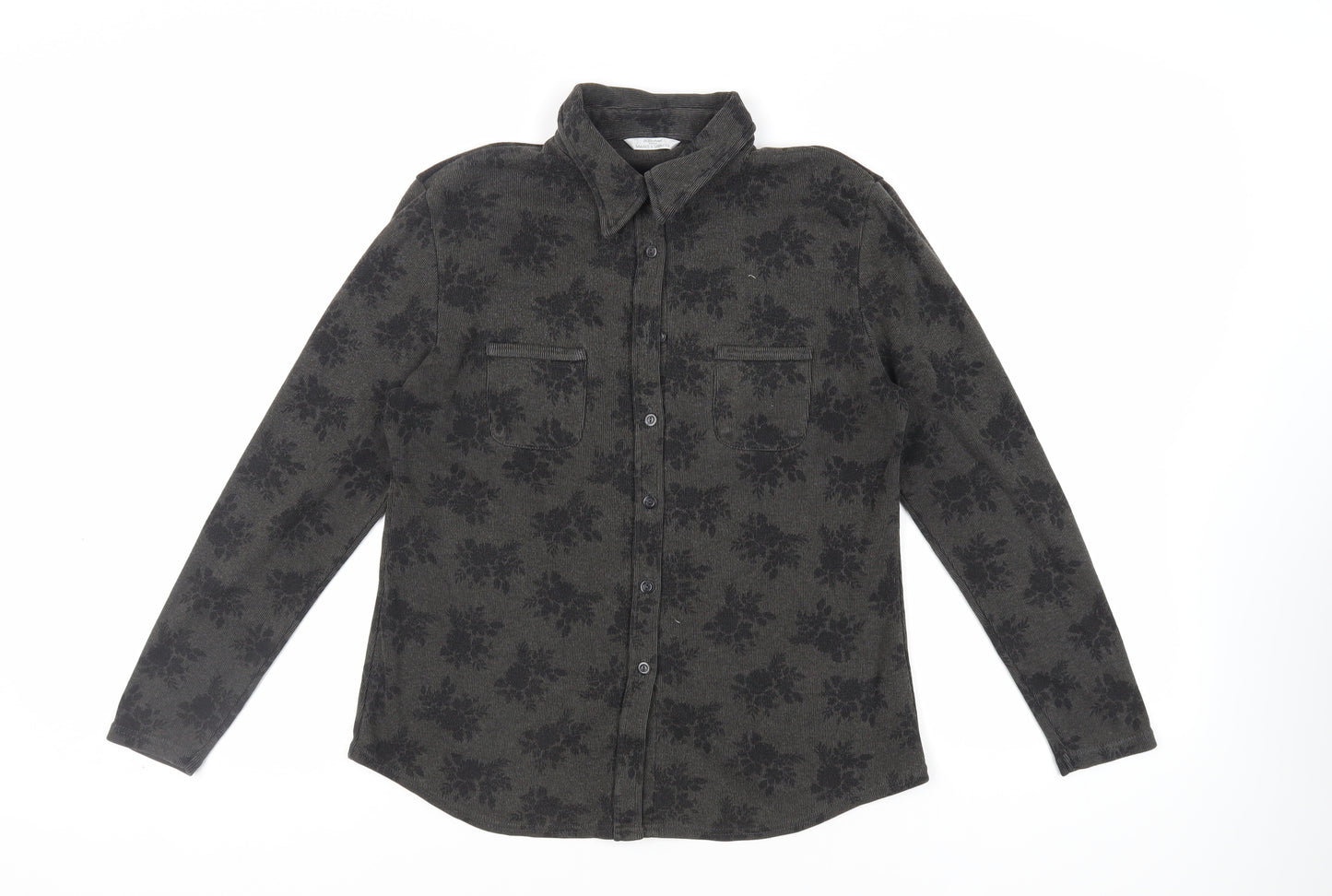 Marks and Spencer Womens Green Floral Cotton Basic Button-Up Size 14 Collared