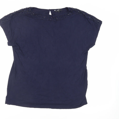 NEXT Womens Blue Viscose Basic T-Shirt Size 14 Boat Neck - Beaded