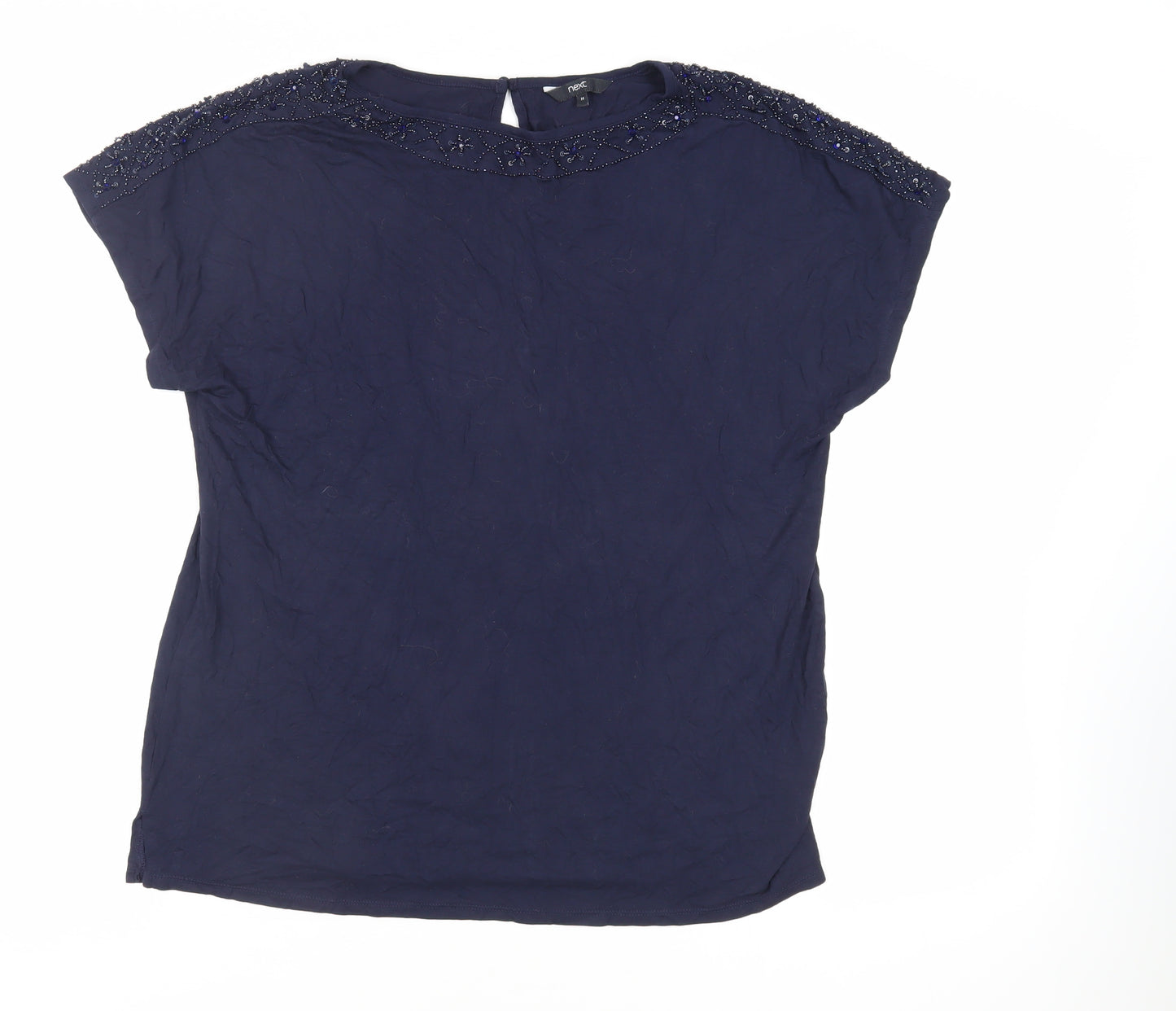 NEXT Womens Blue Viscose Basic T-Shirt Size 14 Boat Neck - Beaded