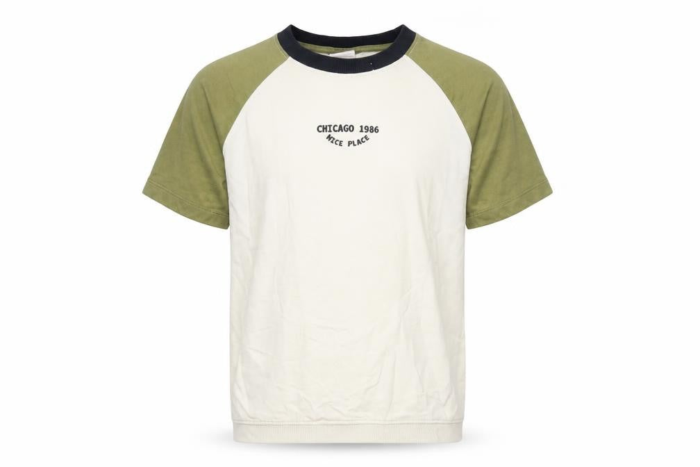 Front view of Zara boys’ beige colourblock cotton pullover t-shirt, size 8, years crew neck pullover - chicago