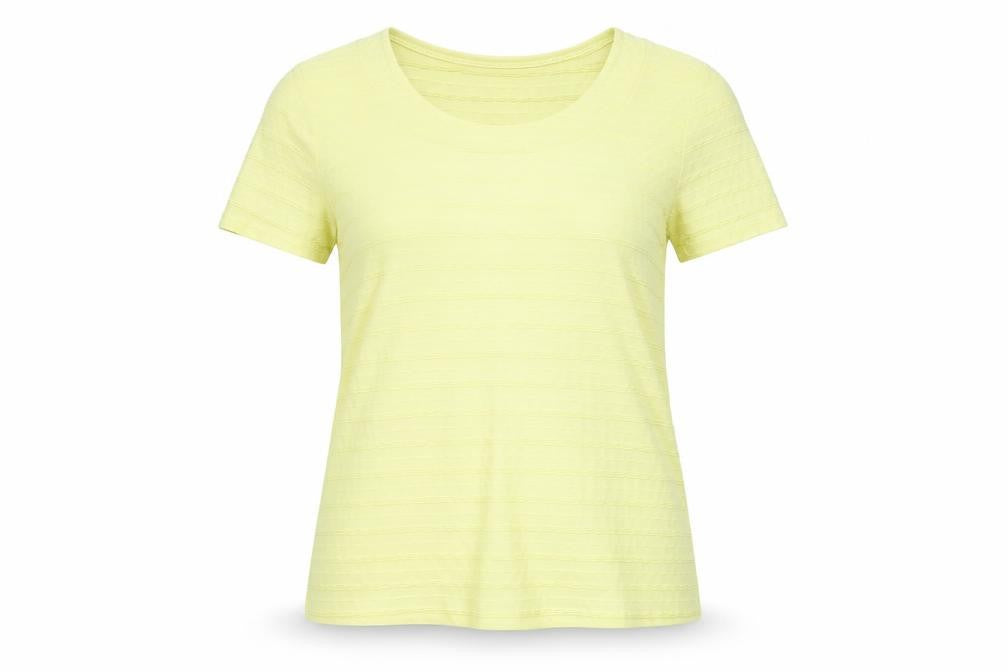 Front view of Per Una women’s yellow polyester basic t-shirt, size UK 12, scoop neck - textured
