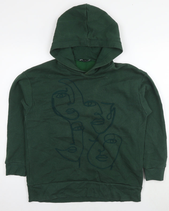 Zara Womens Green Cotton Pullover Hoodie Size S Pullover - Embraided face shapes
