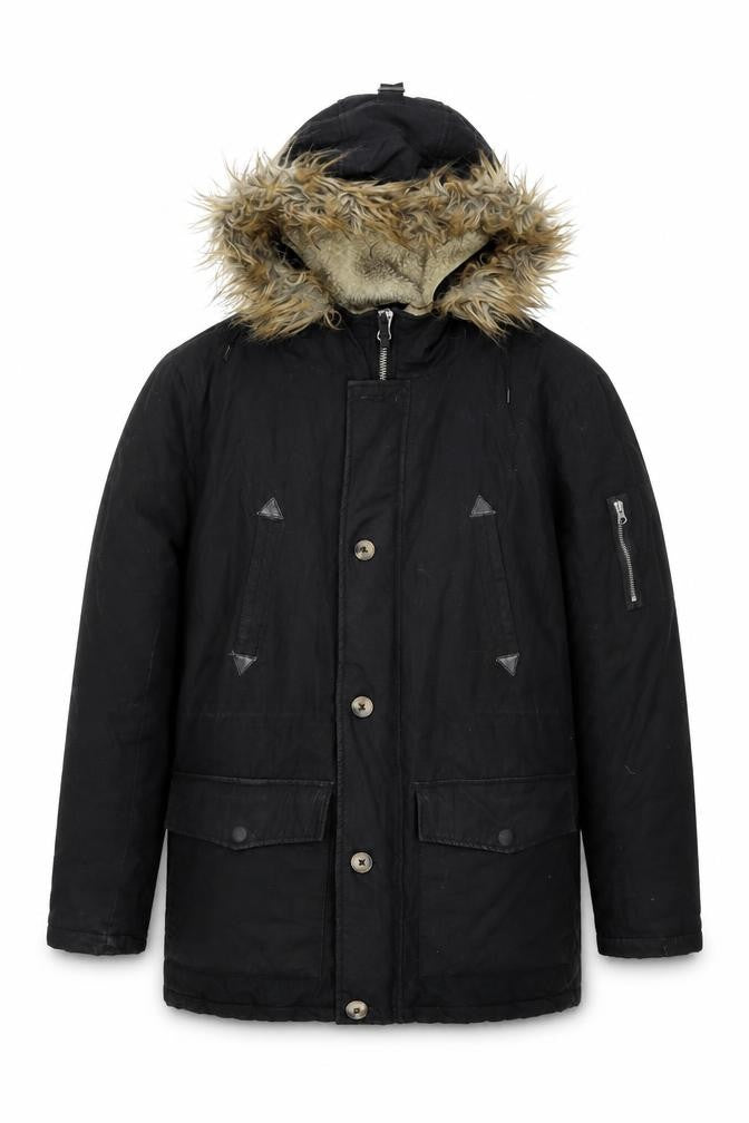 Front view of ASOS men’s black overcoat coat, size M, zip