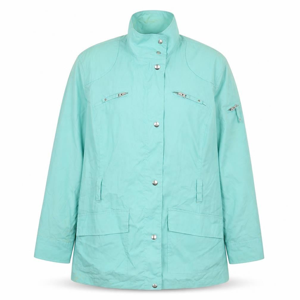 Front view of October women’s blue parka coat, size UK 18, zip