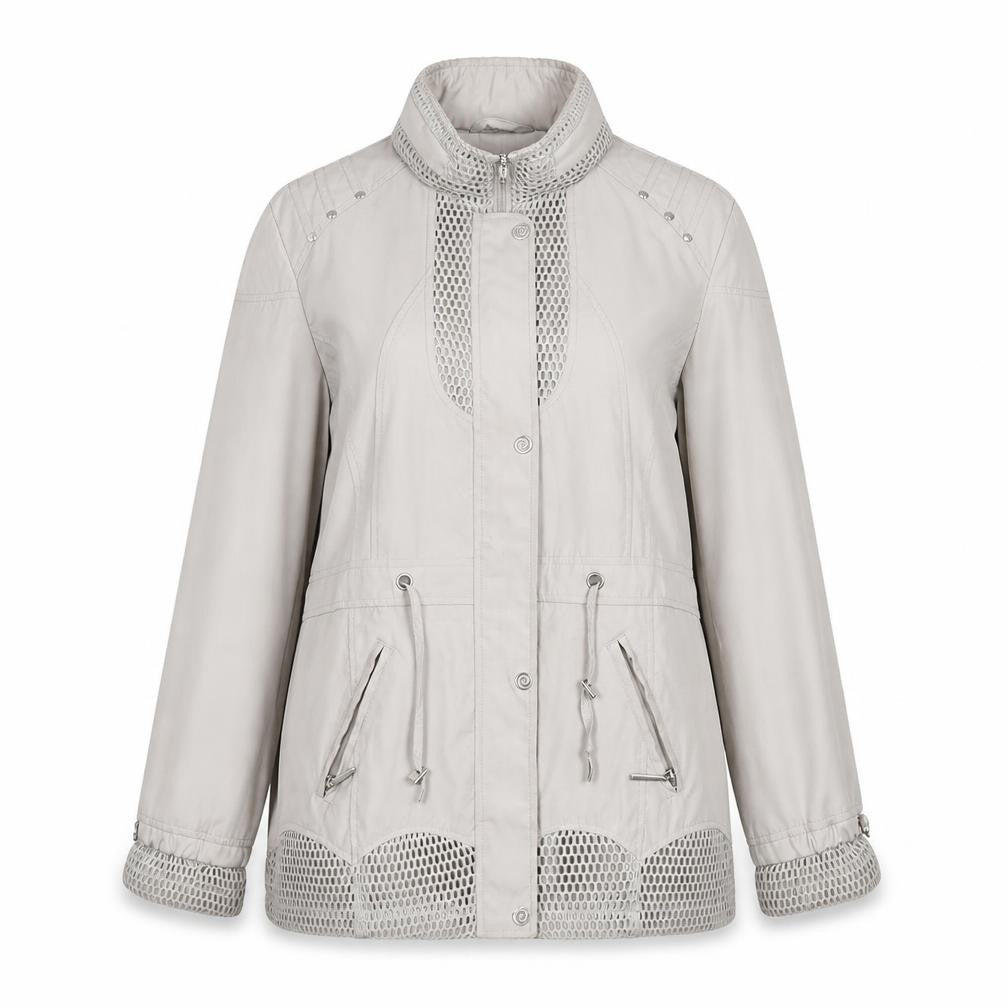 Front view of JCB women’s grey rain coat coat, size UK 10, zip