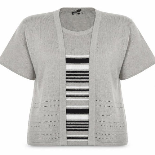 Bonmarché Womens Beige Round Neck Striped Acrylic Pullover Jumper Size XL - Cardigan Effect