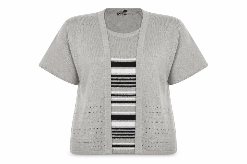 Bonmarché Womens Beige Round Neck Striped Acrylic Pullover Jumper Size XL - Cardigan Effect