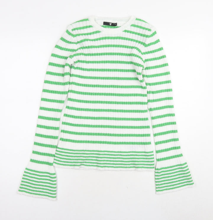 Very Womens White Round Neck Striped Polyester Pullover Jumper Size 12 - Size 12-14