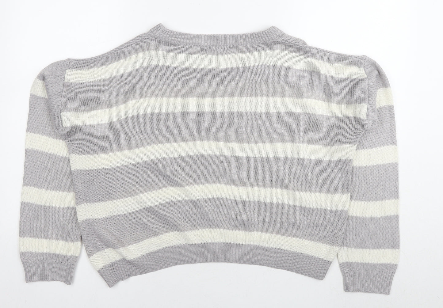 Brave Soul Womens Grey Round Neck Striped Acrylic Pullover Jumper Size XS