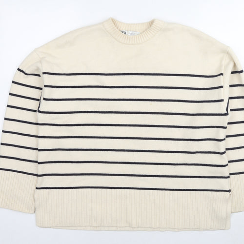 Zara Womens Ivory Round Neck Striped Viscose Pullover Jumper Size M