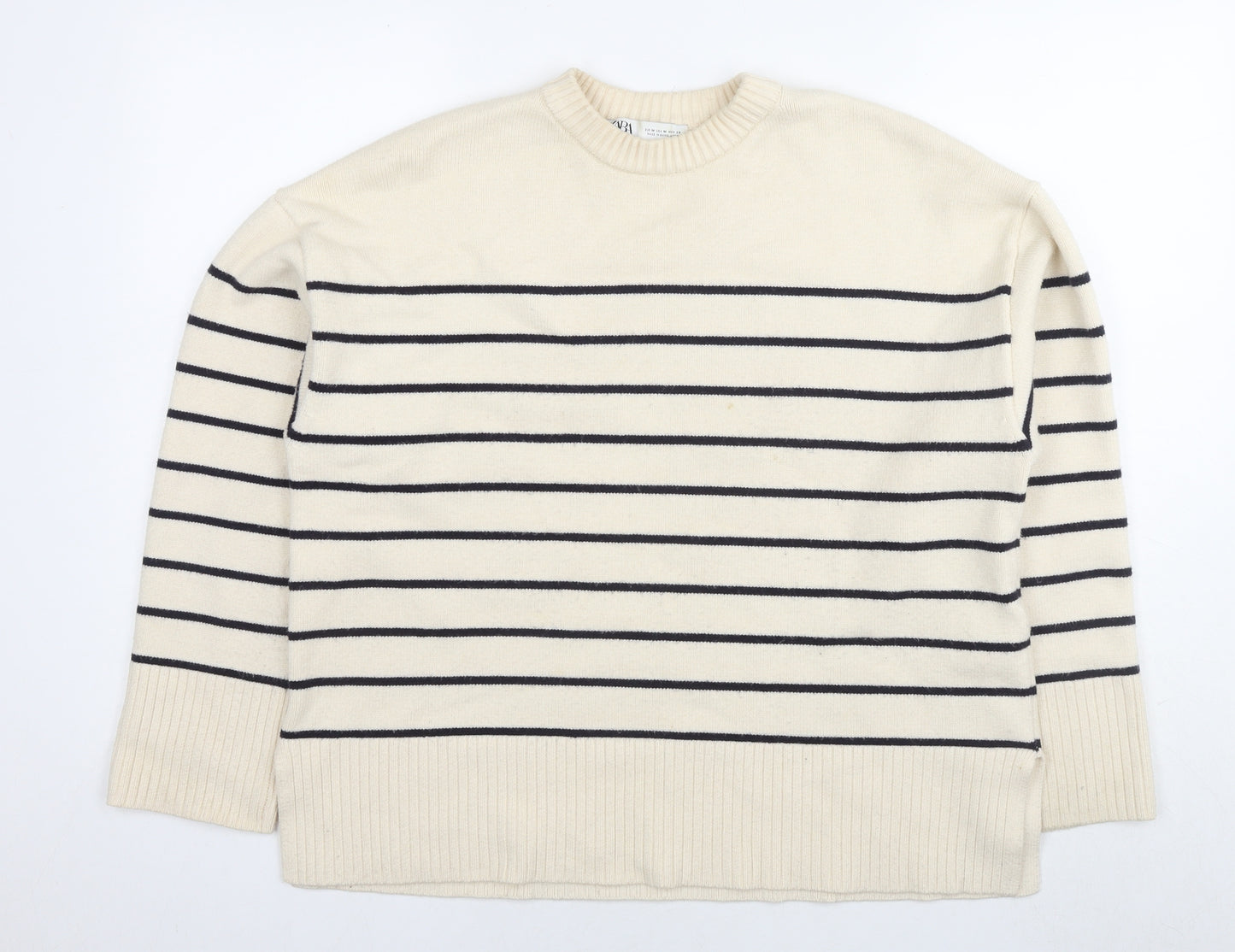 Zara Womens Ivory Round Neck Striped Viscose Pullover Jumper Size M