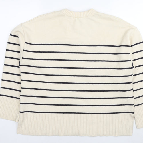 Zara Womens Ivory Round Neck Striped Viscose Pullover Jumper Size M