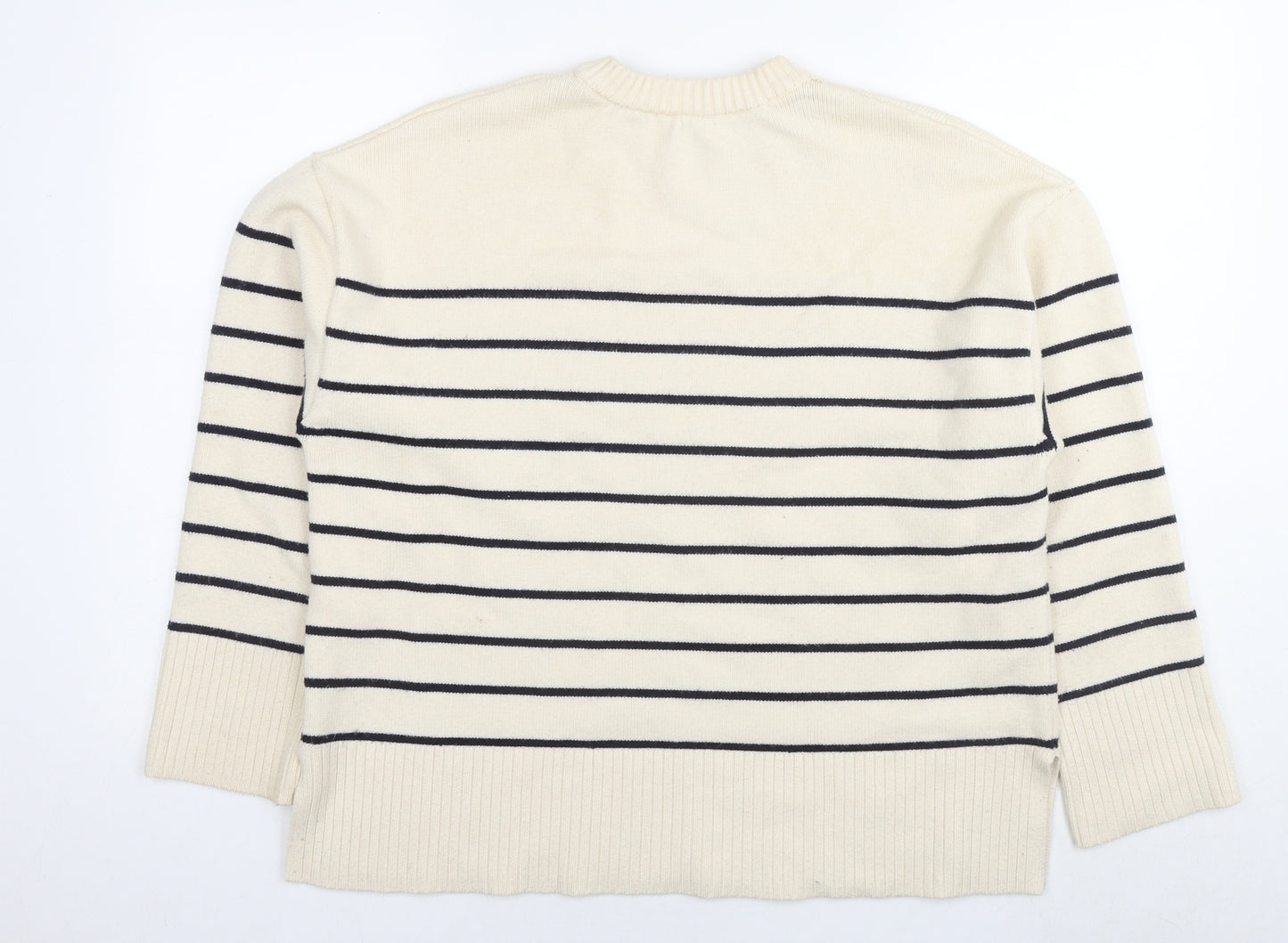 Zara Womens Ivory Round Neck Striped Viscose Pullover Jumper Size M