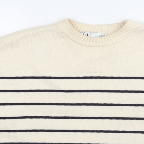 Zara Womens Ivory Round Neck Striped Viscose Pullover Jumper Size M