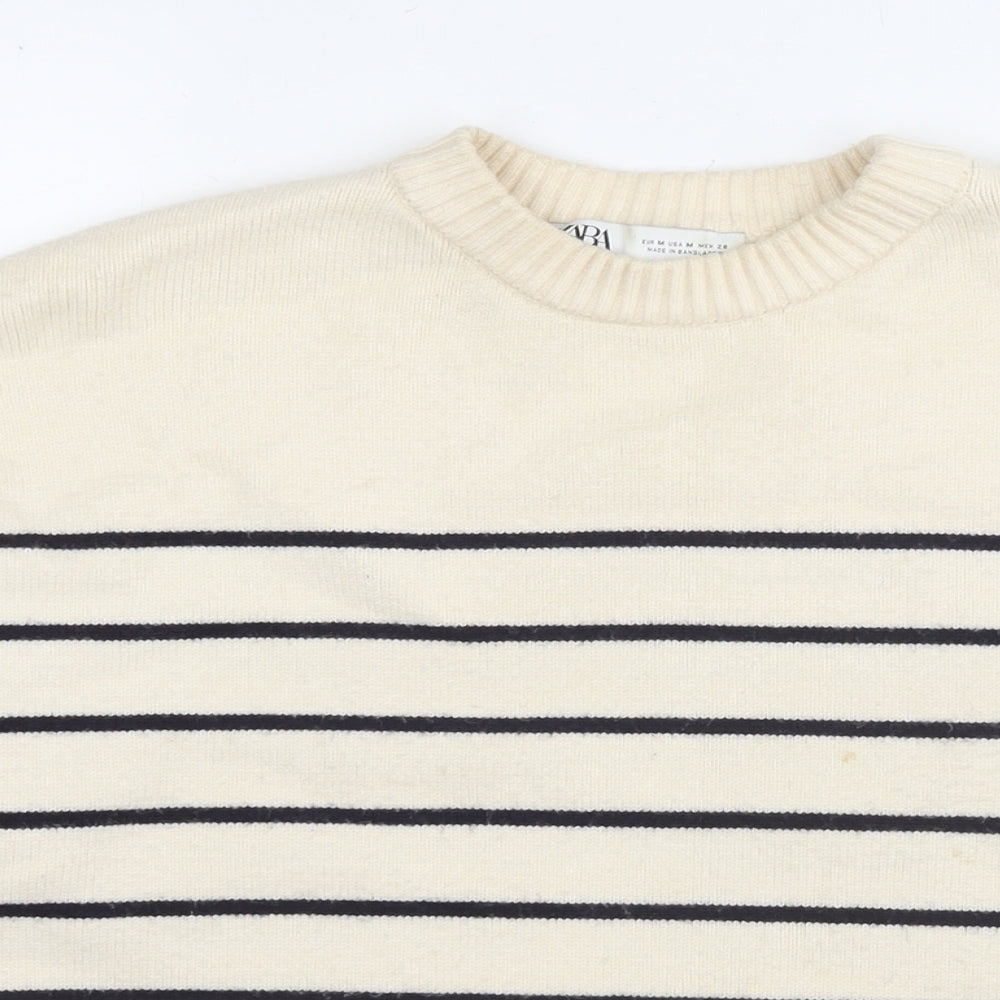 Zara Womens Ivory Round Neck Striped Viscose Pullover Jumper Size M