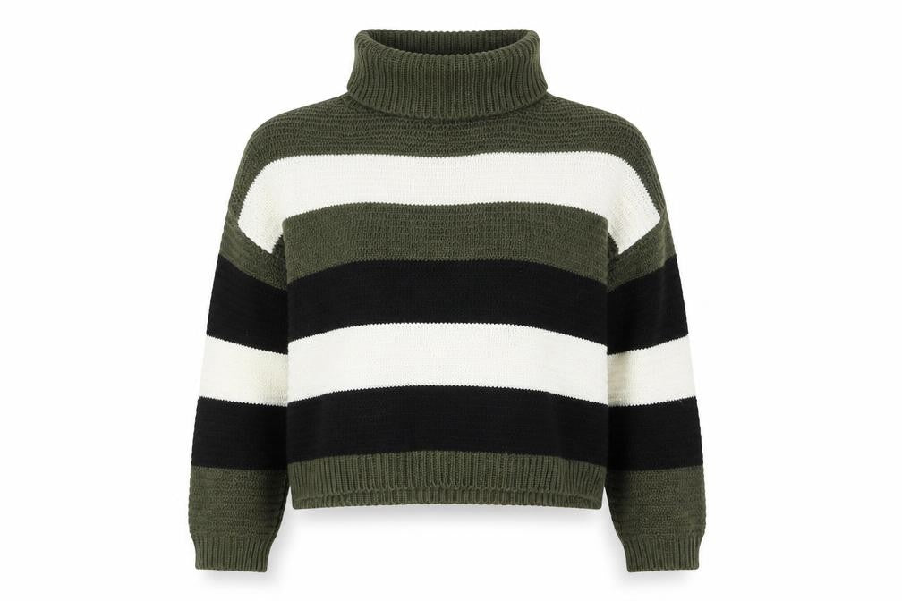 Front view of Quiz women’s multicoloured roll neck striped acrylic jumper, size S