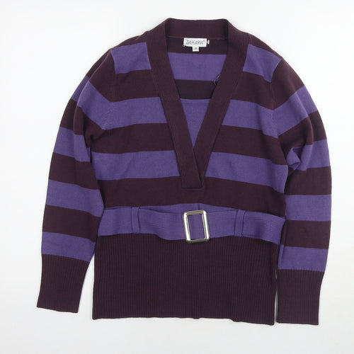 Zahara Womens Purple V-Neck Striped Acrylic Pullover Jumper Size M - Belt Detail