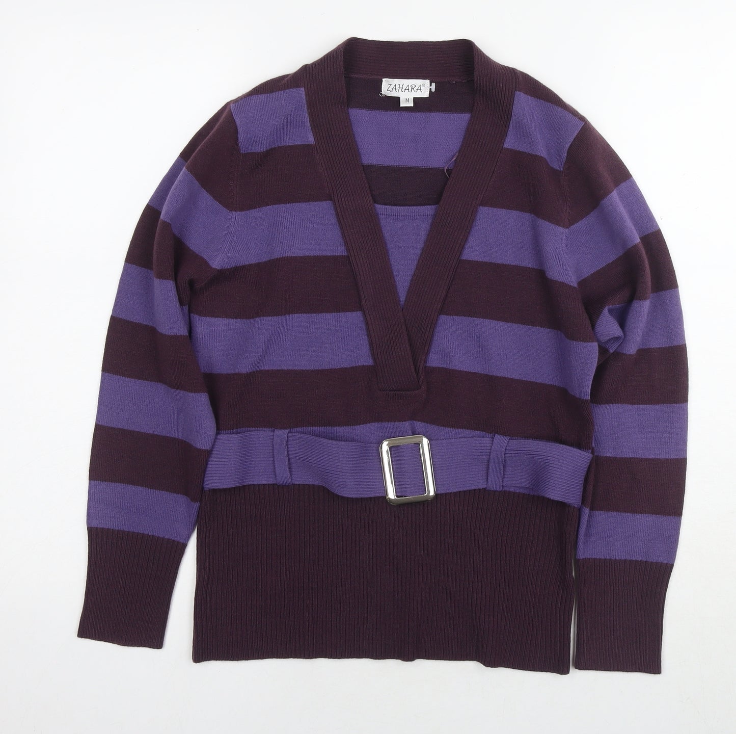 Zahara Womens Purple V-Neck Striped Acrylic Pullover Jumper Size M - Belt Detail