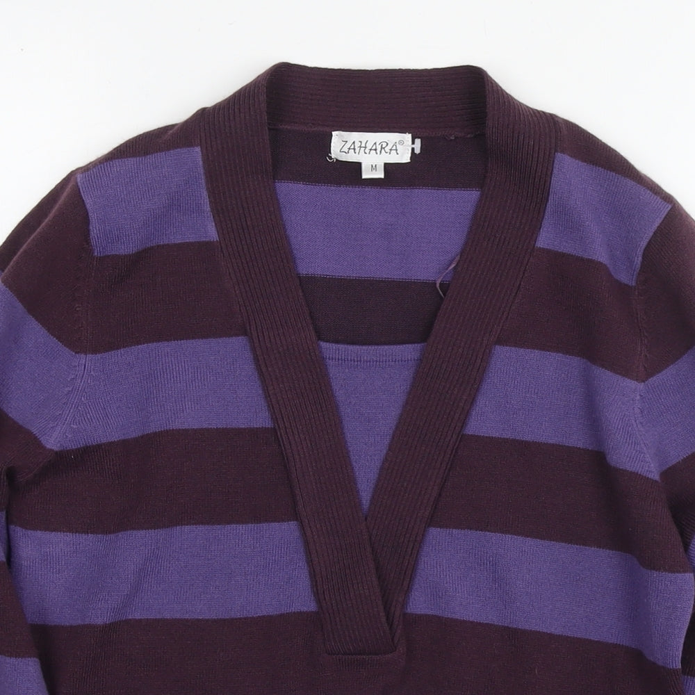 Zahara Womens Purple V-Neck Striped Acrylic Pullover Jumper Size M - Belt Detail