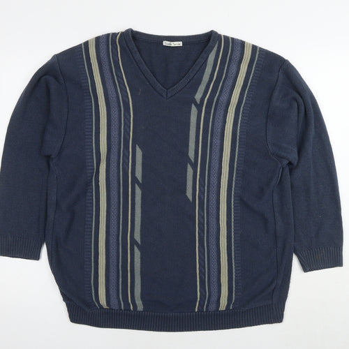 Simon Taylor Mens Blue V-Neck Striped Cotton Pullover Jumper Size L 3/4 Sleeve