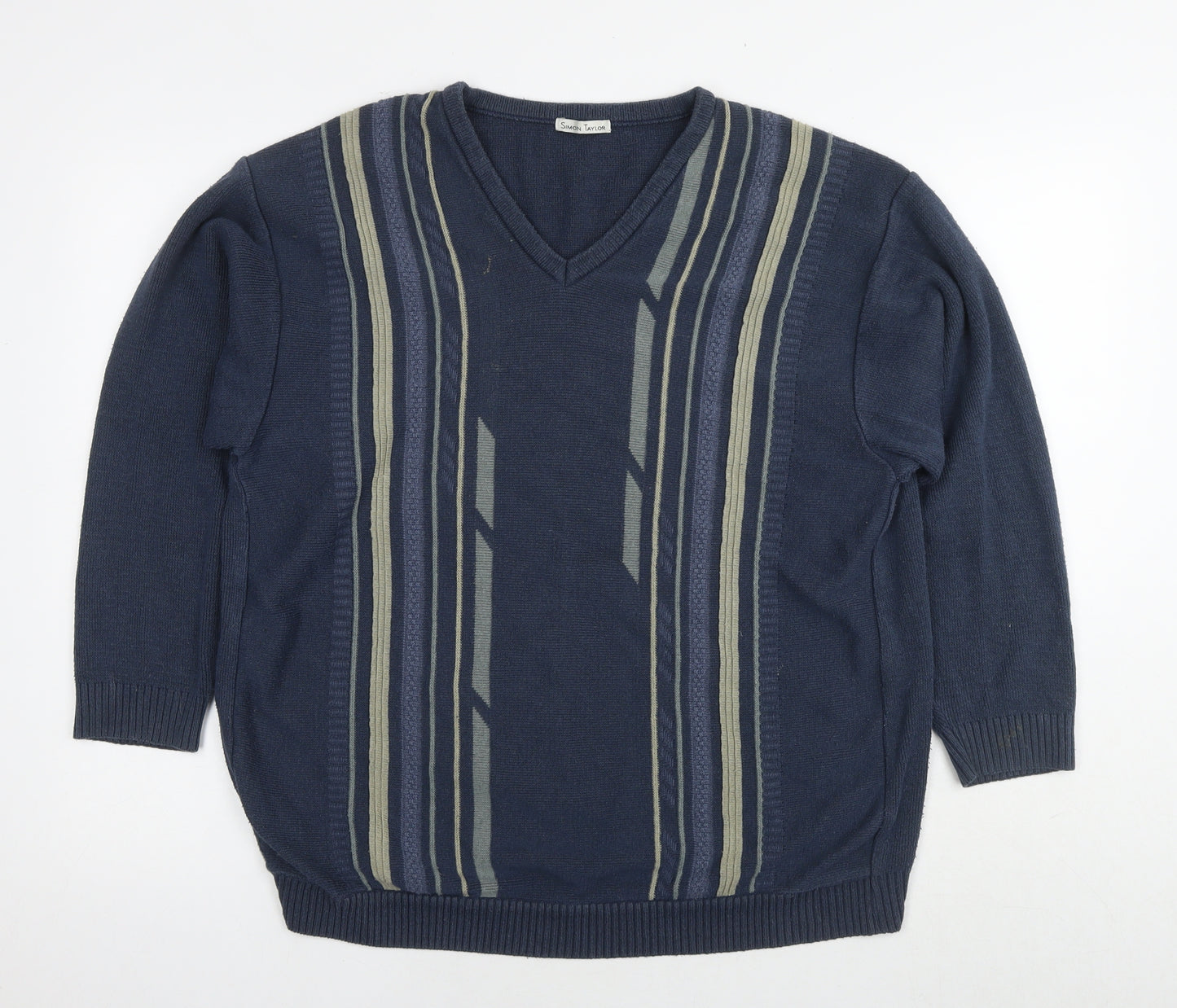 Simon Taylor Mens Blue V-Neck Striped Cotton Pullover Jumper Size L 3/4 Sleeve